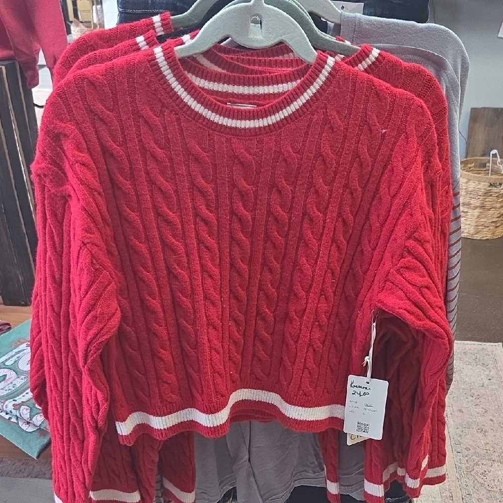 Cielo Red and White Cable Knit Sweater